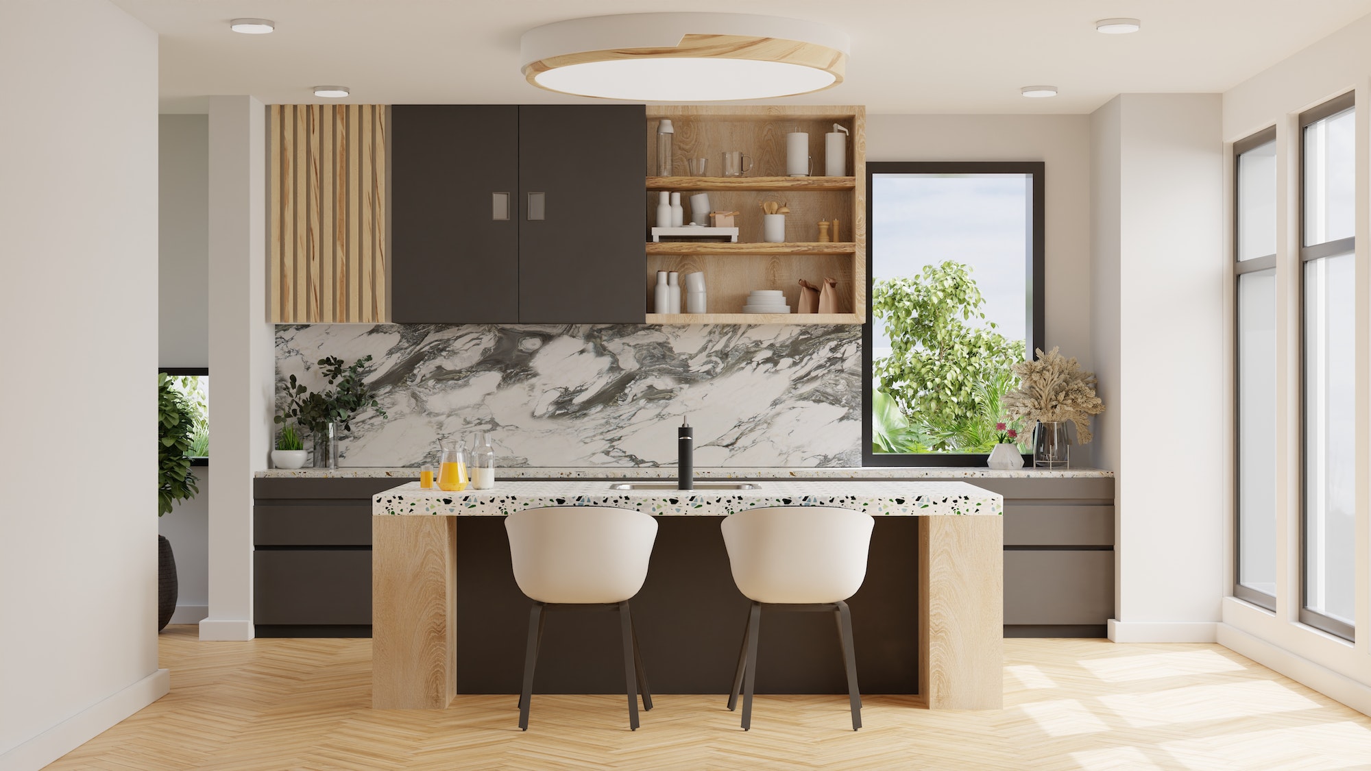 Modern style kitchen interior design,White and brown modern kitchen